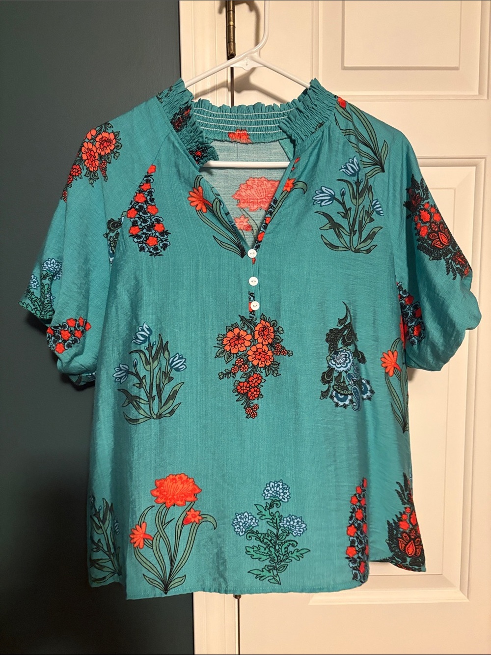 Green Floral Short-Sleeve Peasant Top